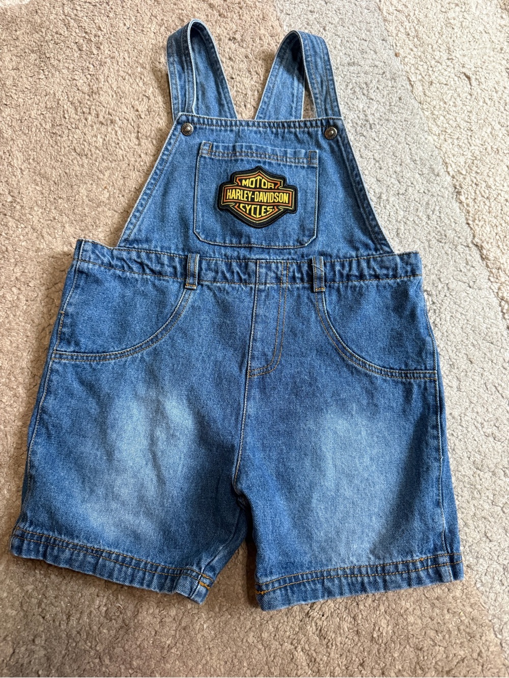 Harley-Davidson Blue Denim Kids Short Overalls with Logo Patch- 4/5T